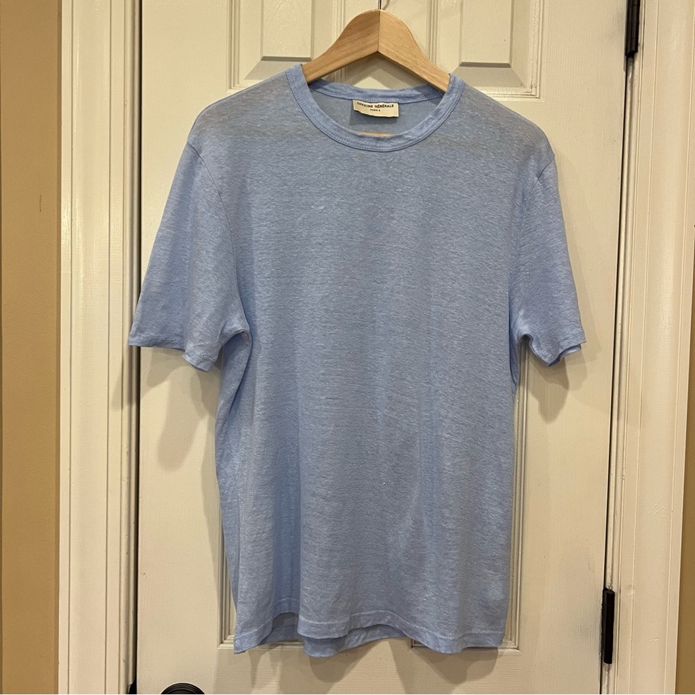 Officine Generale 100% Linen Shirt Mens Medium Blue Tee Short Sleeve Quiet Lux